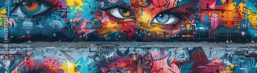 Capture the essence of vibrant street art in a panoramic view