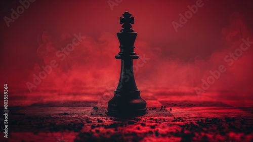 Black king chess piece with smoke on a red background. Strategic thinking and leadership concept. Design for motivational poster or banner.