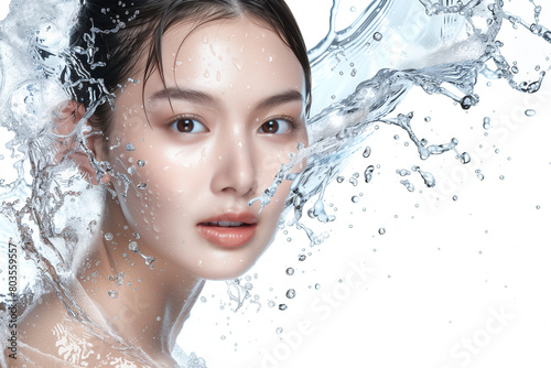 水を浴びるアジア人女性、ビューティー、美容イメージ