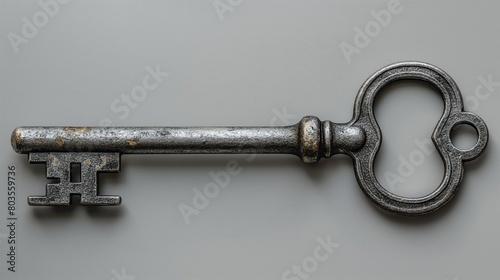 Antique skeleton key on a neutral background, high-detail close-up, security and access concept with copy space.