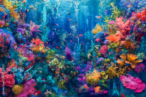 Vibrant coral reef teeming with exotic sea creatures