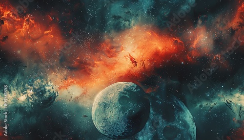 Illustrate Space Exploration in a mixture of watercolor and digital art  blending realistic planet textures with dreamy  ethereal effects  evoking a sense of wonder