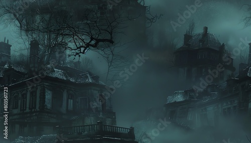 Infuse a sense of impending doom with a tilted perspective of a dilapidated mansion engulfed in fog, using photorealistic digital techniques