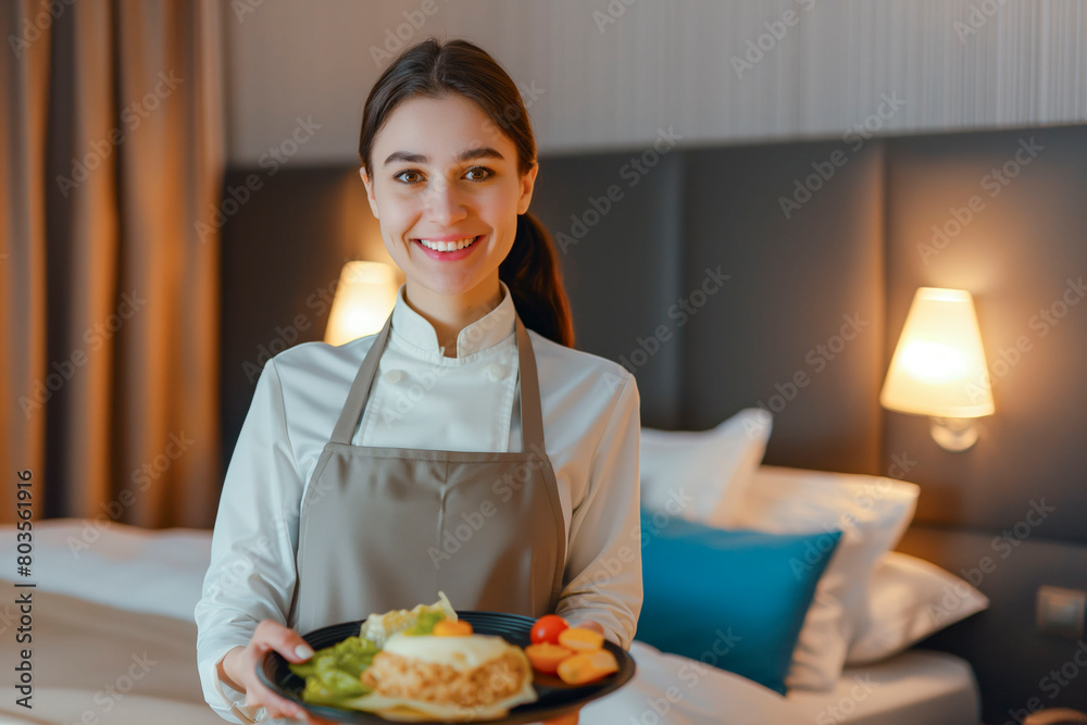 Waitress in uniform delivering tray with food in a room of hotel. Special service of VIP guests Waitress in uniform delivering tray with food in a room of hotel. Special service of VIP guests