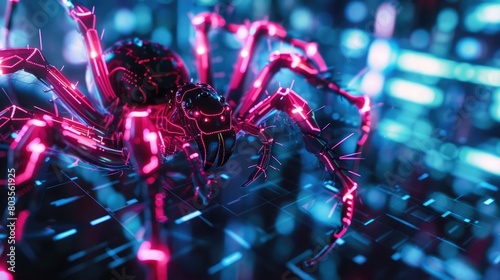 Neon cyber spider on a digital network photo