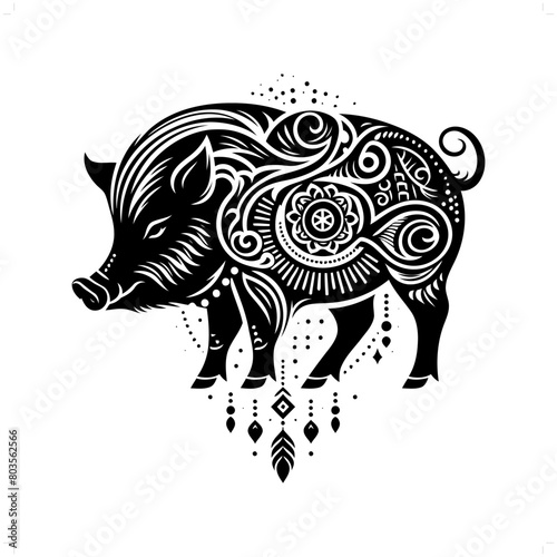 hog silhouette in bohemian, boho, nature illustration