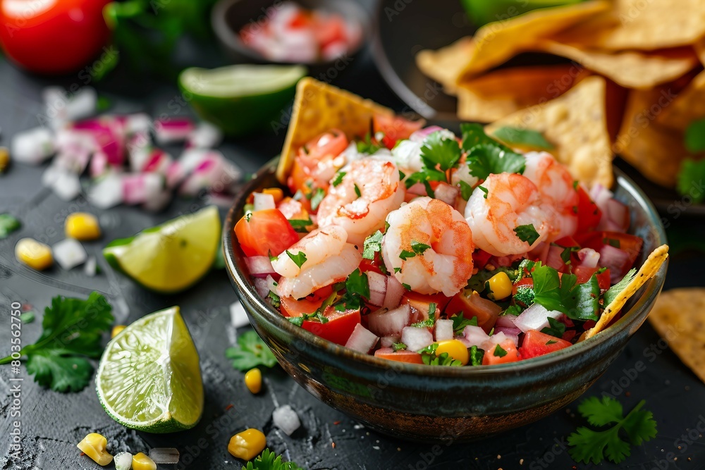 A vibrant bowl of shrimp ceviche, featuring fresh seafood marinated in citrus juices and mixed with diced vegetables and herbs. Served with crispy tortilla chips for dipping. A vibrant bowl of shrimp ceviche, featuring fresh seafood marinated in citrus juices and mixed with diced vegetables and herbs. Served with crispy tortilla chips for dipping.