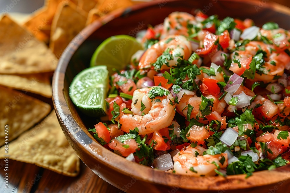 A vibrant bowl of shrimp ceviche with fresh ingredients and lime wedges. A vibrant bowl of shrimp ceviche with fresh ingredients and lime wedges.