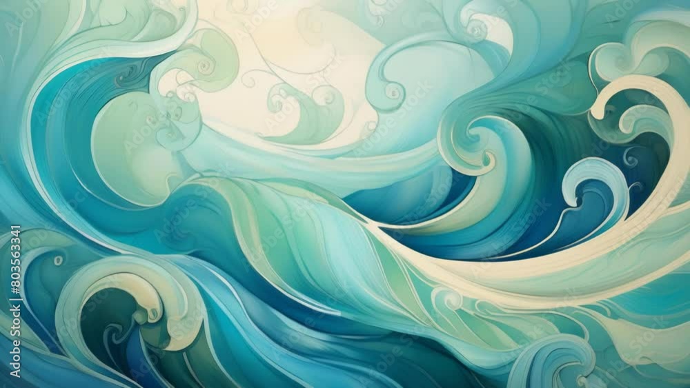 Graceful, curving lines flow and swirl in shades of turquoise, teal, and mint green, evoking the dynamic movement of ocean waves. Graceful, curving lines flow and swirl in shades of turquoise, teal, and mint green, evoking the dynamic movement of ocean waves.
