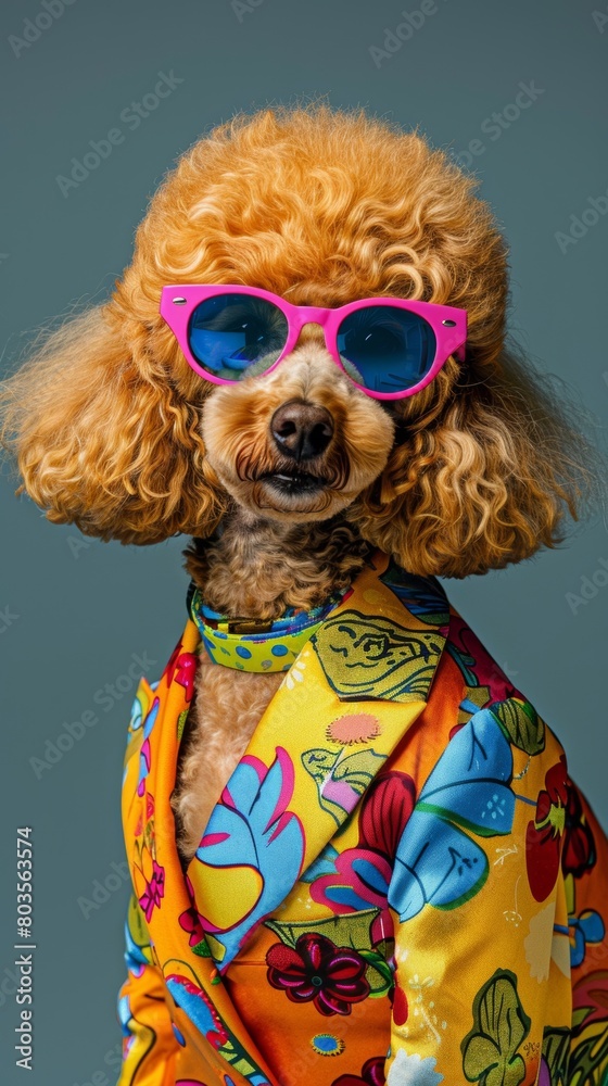 Stylish poodle in funky shades and hawaiian shirt