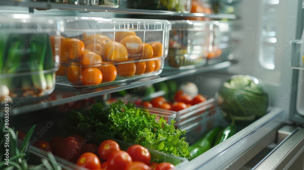 Organized refrigerator with assorted vegetables and food containers
