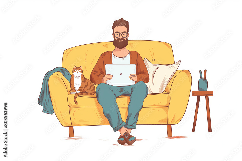 Young freelancer man in eyeglasses works at home with a laptop and a cat, Remote work, Shopping, Education, Working from home concept