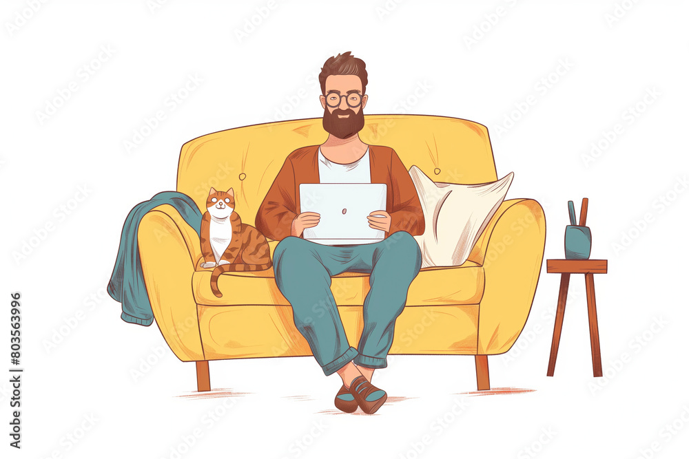 Young freelancer man in eyeglasses works at home with a laptop and a cat, Remote work, Shopping, Education, Working from home concept Young freelancer man in eyeglasses works at home with a laptop and a cat, Remote work, Shopping, Education, Working from home concept