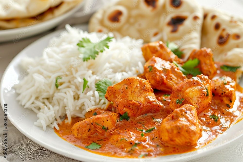 A plate of chicken curry paired with white rice and naan bread, garnished with fresh herbs. A plate of chicken curry paired with white rice and naan bread, garnished with fresh herbs.