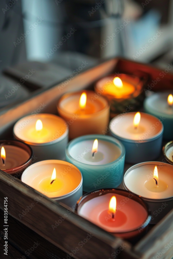 Aromatic candles arranged on a wooden tray