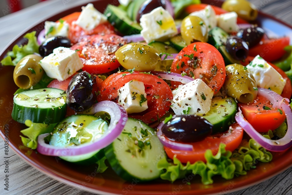 A vibrant and fresh Greek salad with various vegetables and feta cheese. A vibrant and fresh Greek salad with various vegetables and feta cheese.