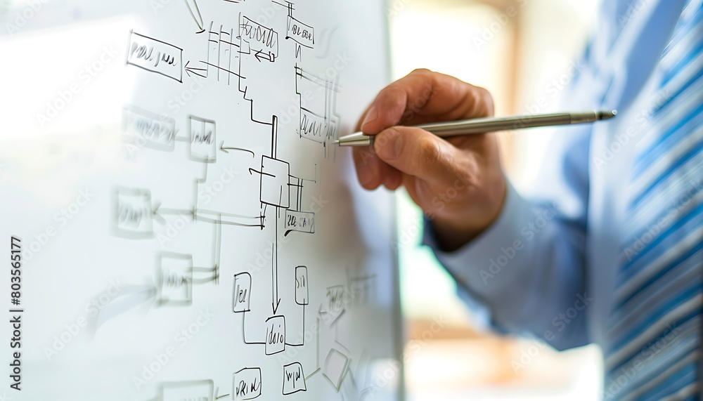Closeup of a manager's hand drawing a flowchart on a whiteboard