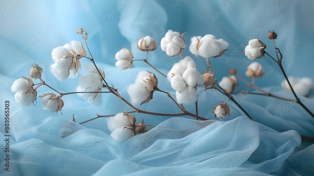 Cotton flowers on a blue linen fabric background, a closeup of cotton branches with fluffy white wool, a natural textile and fashion concept.