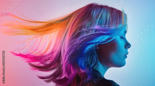 Person with multicolored hair in motion on gradient background