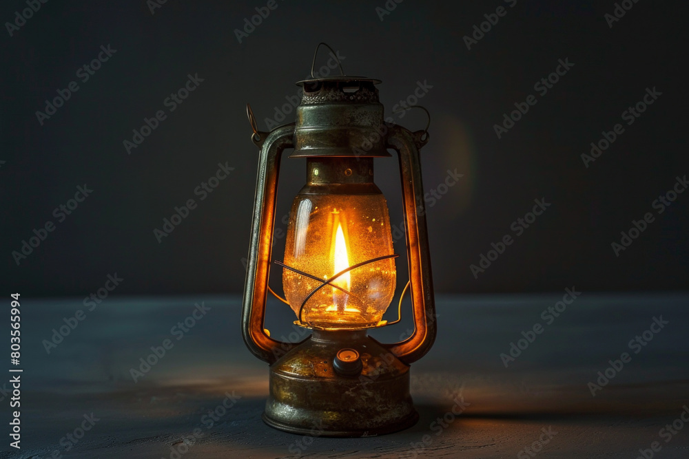 Antique brass lantern with a glowing flame