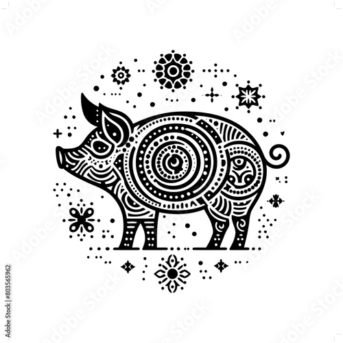 Pig silhouette in bohemian, boho, nature illustration