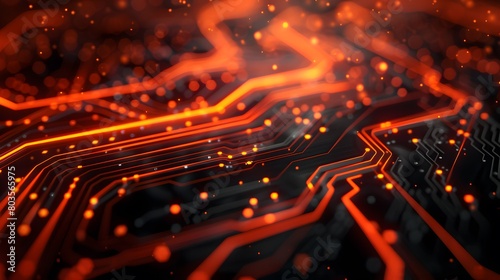 A dark background with glowing orange and red circuit lines, representing data flow in technology. 