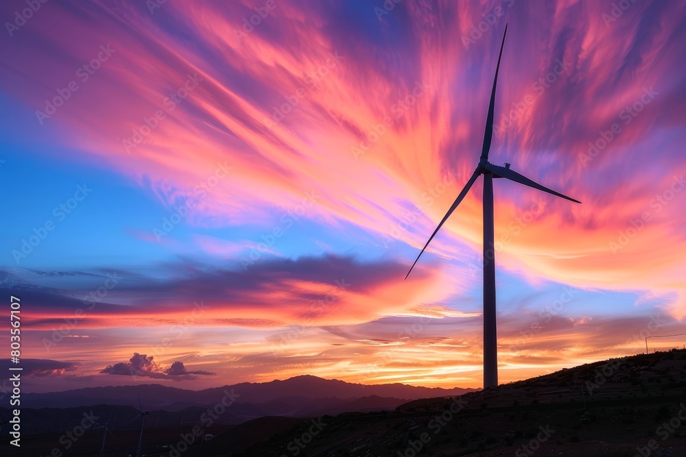 A silhouette of a wind turbine against a vibrant sunset backdrop. A silhouette of a wind turbine against a vibrant sunset backdrop.