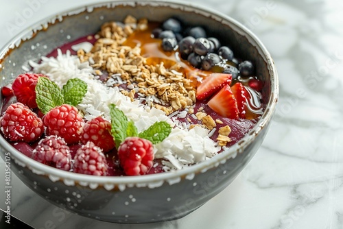 A vibrant and nutritious berry smoothie bowl garnished with fresh berries, nuts, seeds, and a drizzle of honey.