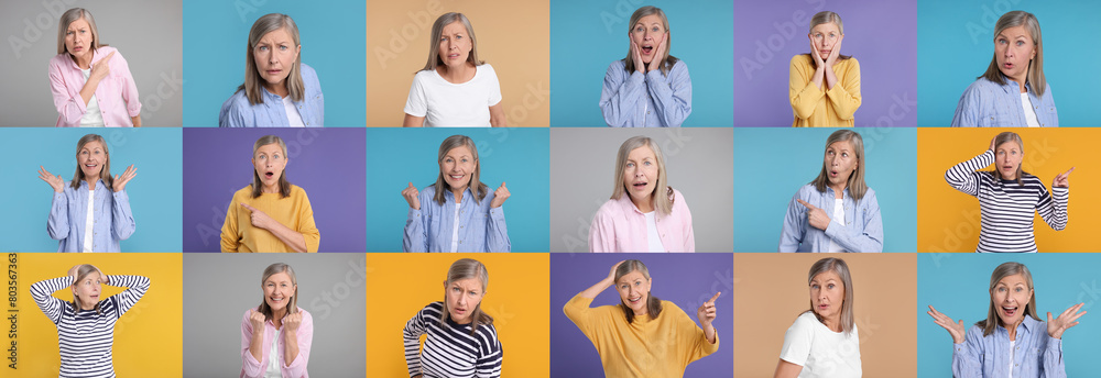 Collage with photos of surprised woman on different color backgrounds Collage with photos of surprised woman on different color backgrounds