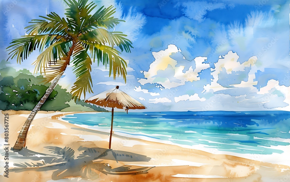 Obraz premium Illustration a bright beach scene with lively watercolors