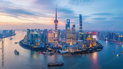 The skyline of Shanghai, China with the river flowing through it at dusk. The skyscrapers in the city of Shanghai light up against the backdrop of a blue sky and white clouds. photo