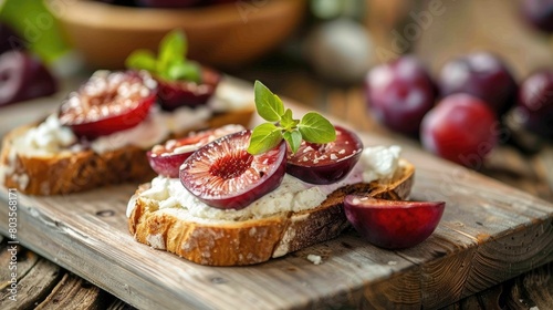 Plums and cream cheese on toast.