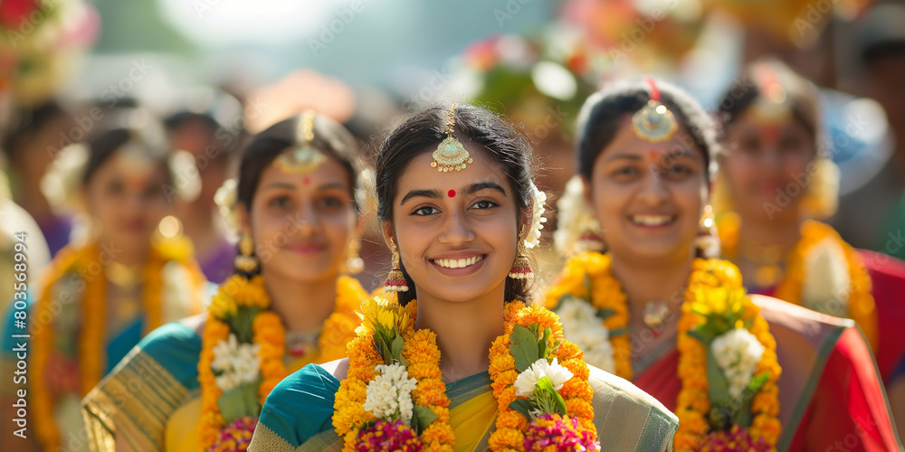 Portrait of a young Indian woman smiling brightly, surrounded by friends in traditional sarees and floral garlands during Onam