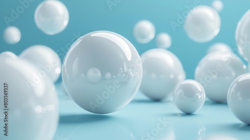 Shiny white balls tumbling spread irregularly in the background. For banner design or a product template. photo