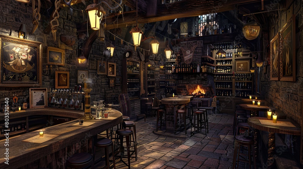 The Three Broomsticks of Hogsmeade, a wizards' bar serving butterbeer with an elf waiting on tables