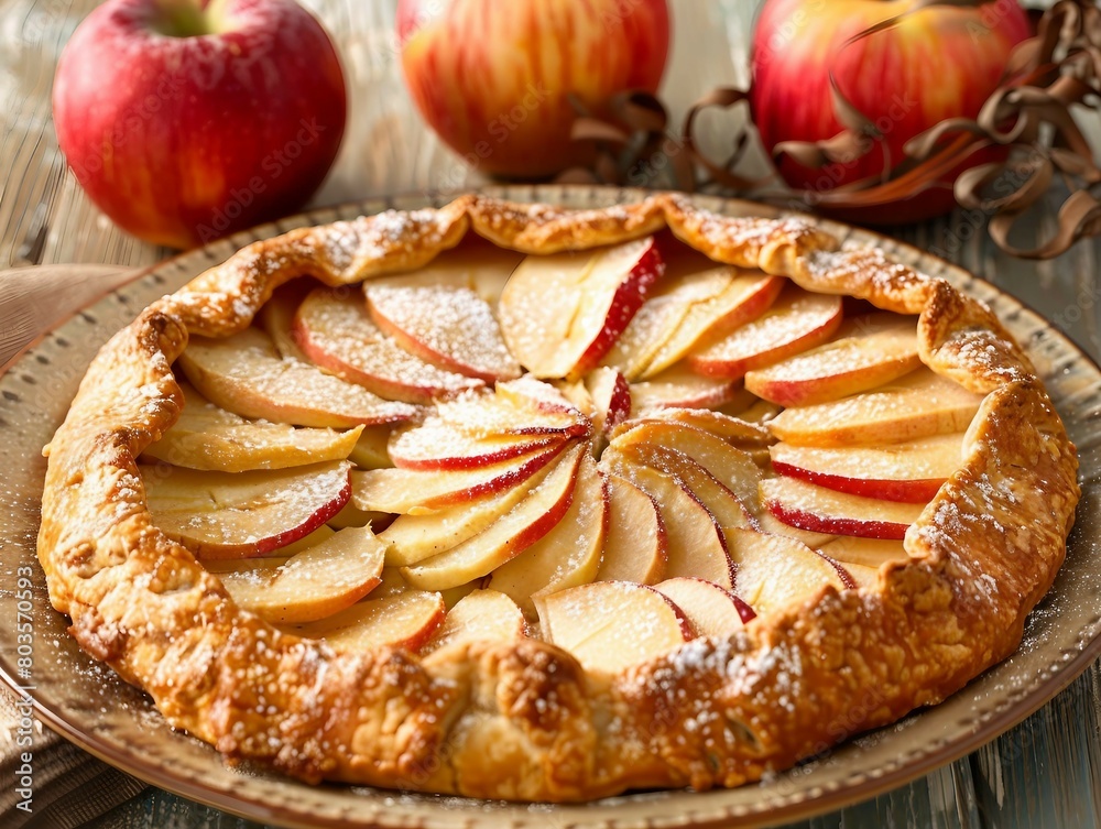 A mouthwatering apple galette with a flaky crust and thinly sliced apples, ready to be enjoyed.