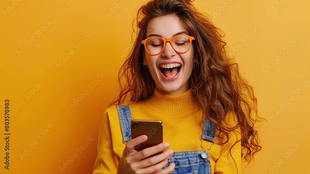 A surprised young lady using a cell phone with a positive expression, wearing casual clothes, glasses and standing isolated on an orange background. Happy and adorable woman, rejoicing in success A surprised young lady using a cell phone with a positive expression, wearing casual clothes, glasses and standing isolated on an orange background. Happy and adorable woman, rejoicing in success