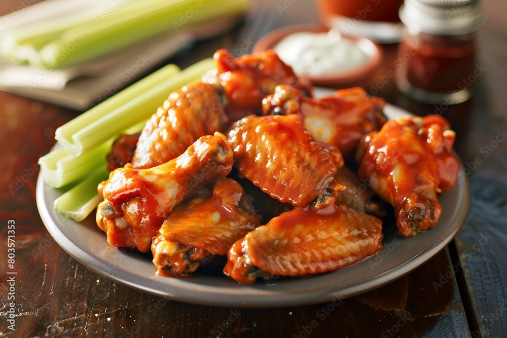 A plate of delicious crispy chicken wings coated in a spicy, tangy sauce, served with celery sticks and blue cheese dip. A plate of delicious crispy chicken wings coated in a spicy, tangy sauce, served with celery sticks and blue cheese dip.