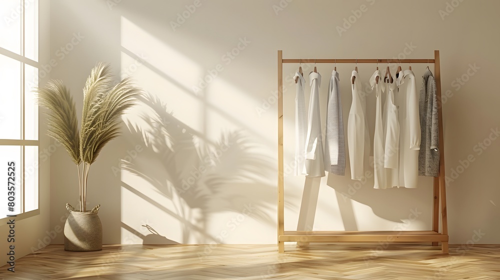 A minimalist rack with neatly arranged women's against the backdrop of an empty room, symbolizing sustainable fashion and eco-friendly outfit choices. A minimalist rack with neatly arranged women's against the backdrop of an empty room, symbolizing sustainable fashion and eco-friendly outfit choices.