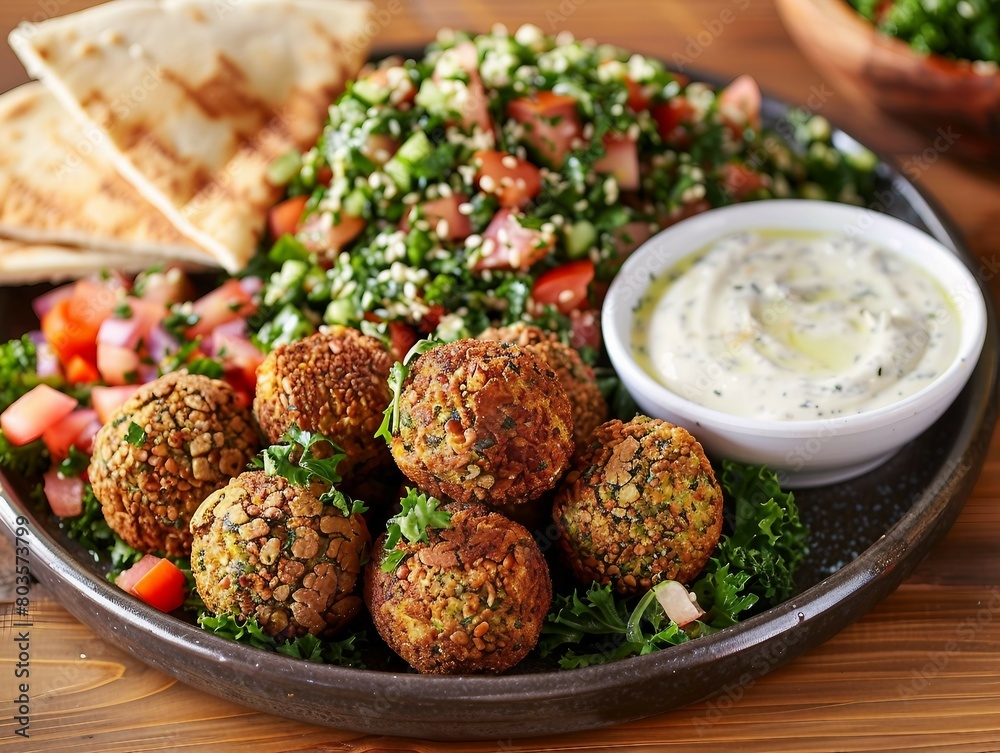 A close-up image of a falafel platter, served with pita bread, tomatoes, and a creamy sauce. A close-up image of a falafel platter, served with pita bread, tomatoes, and a creamy sauce.