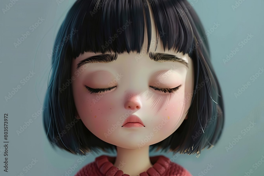 sad asian cartoon girl with closed eyes 3d illustration sad asian cartoon girl with closed eyes 3d illustration
