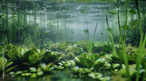 Reflective Water Surface with Angler and Aquatic Plants Beneath