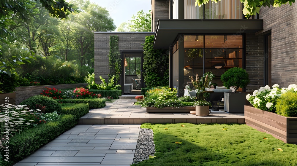 A modern, minimalist garden design with lush greenery and flowers in the front yard of an urban home. The landscape features stone pavers, wooden planters filled with shrubs and perennials