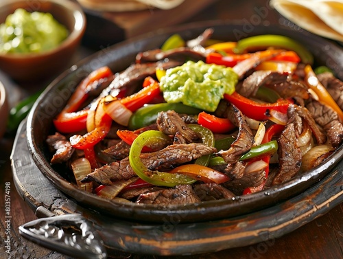 A close-up image of a hot fajita skillet filled with sliced beef, red and green bell peppers, onions, and topped with a dollop of guacamole.