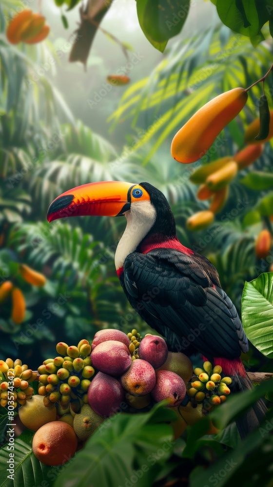 Obraz premium A toucan is sitting on a branch in a lush rainforest. The toucan is surrounded by colorful flowers and plants.