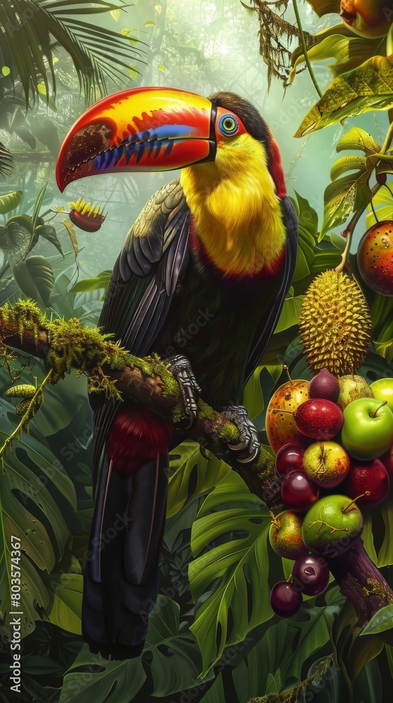 Naklejka premium A toucan is sitting on a branch in a rainforest. The toucan is looking at a fruit. The toucan has a large, colorful beak. The rainforest is full of green plants and flowers.