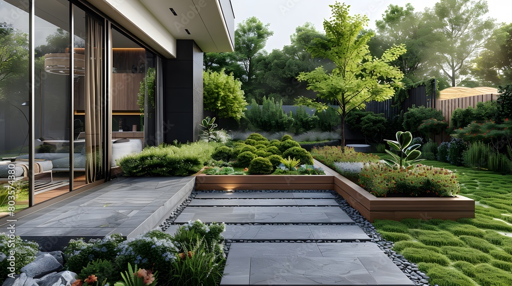 A modern, minimalist garden design with lush greenery and flowers in the front yard of an urban ...