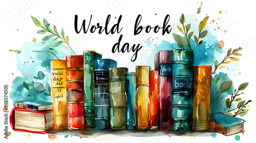 World Book Day text with neatly arranged watercolor book background