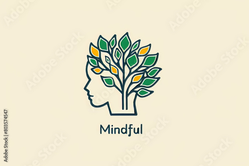 Minimalist psychologist logo with pensive face, tree and mindful text, abstract line art style