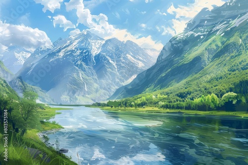 serene mountain river valley landscape in summer tranquil nature scenery digital painting © furyon